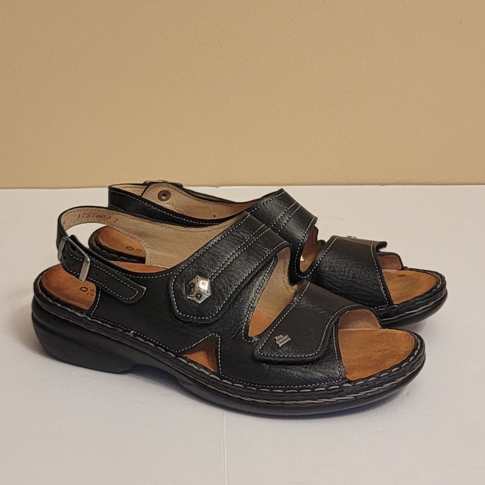 Finn Comfort Gomera Sandals Black Leather Adjustable Ankle Strap Women's Size 38